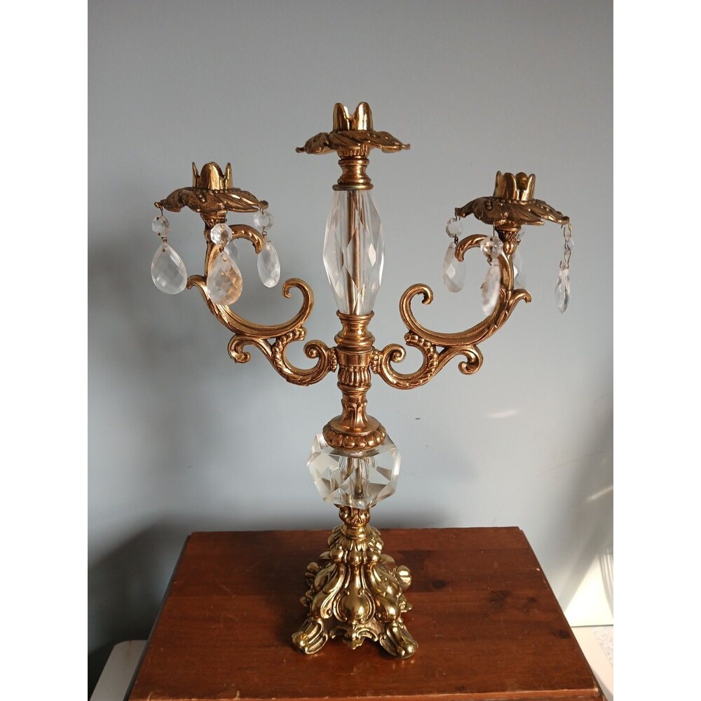 Vtg Brass Crystal Prism  Hollywood Regency 3 Arm Candelabra Candle Holder